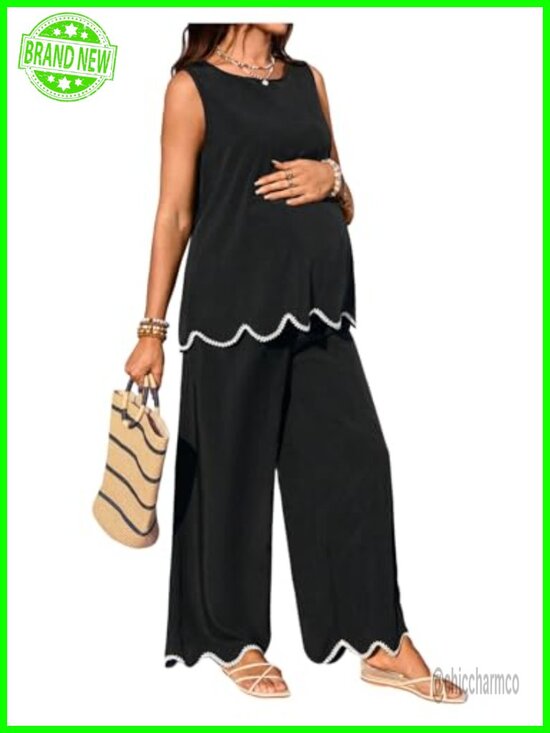 Pants - Women's Maternity 2 Piece Matching Lounge Set Tank Top Wide Leg Pants